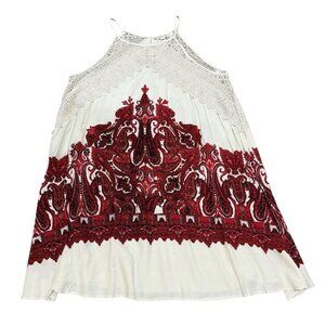Indigo Rose XL cream colored boho tunic dress crochet lace yoke red paisley
